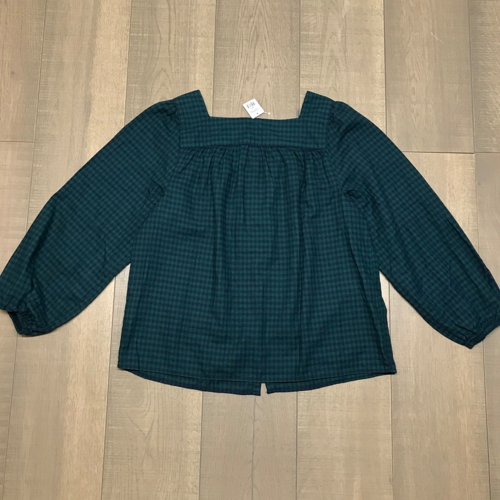 L.L. Bean Flannel Shirt Womens Size M Green Squareneck Top Whisperweight Cottage - Picture 3 of 11